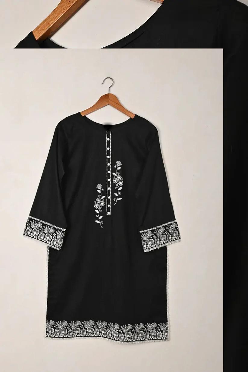 Chic Black Linen Embroidered Round Neck Shirt - 1 Pc for Stylish Women